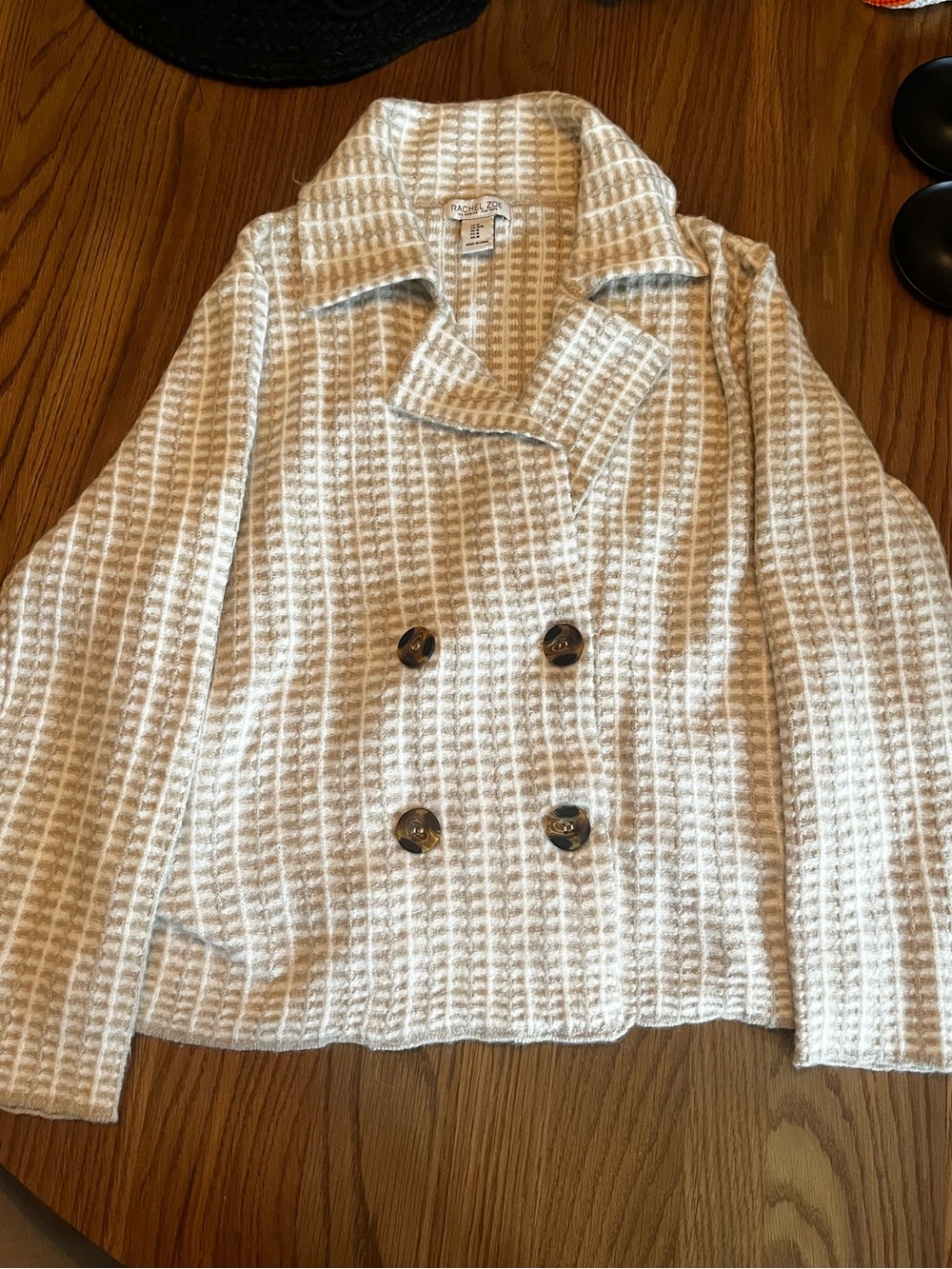 Rachel Zoe Cream and Light Gray Houndstooth Double-Breasted Pea Coat